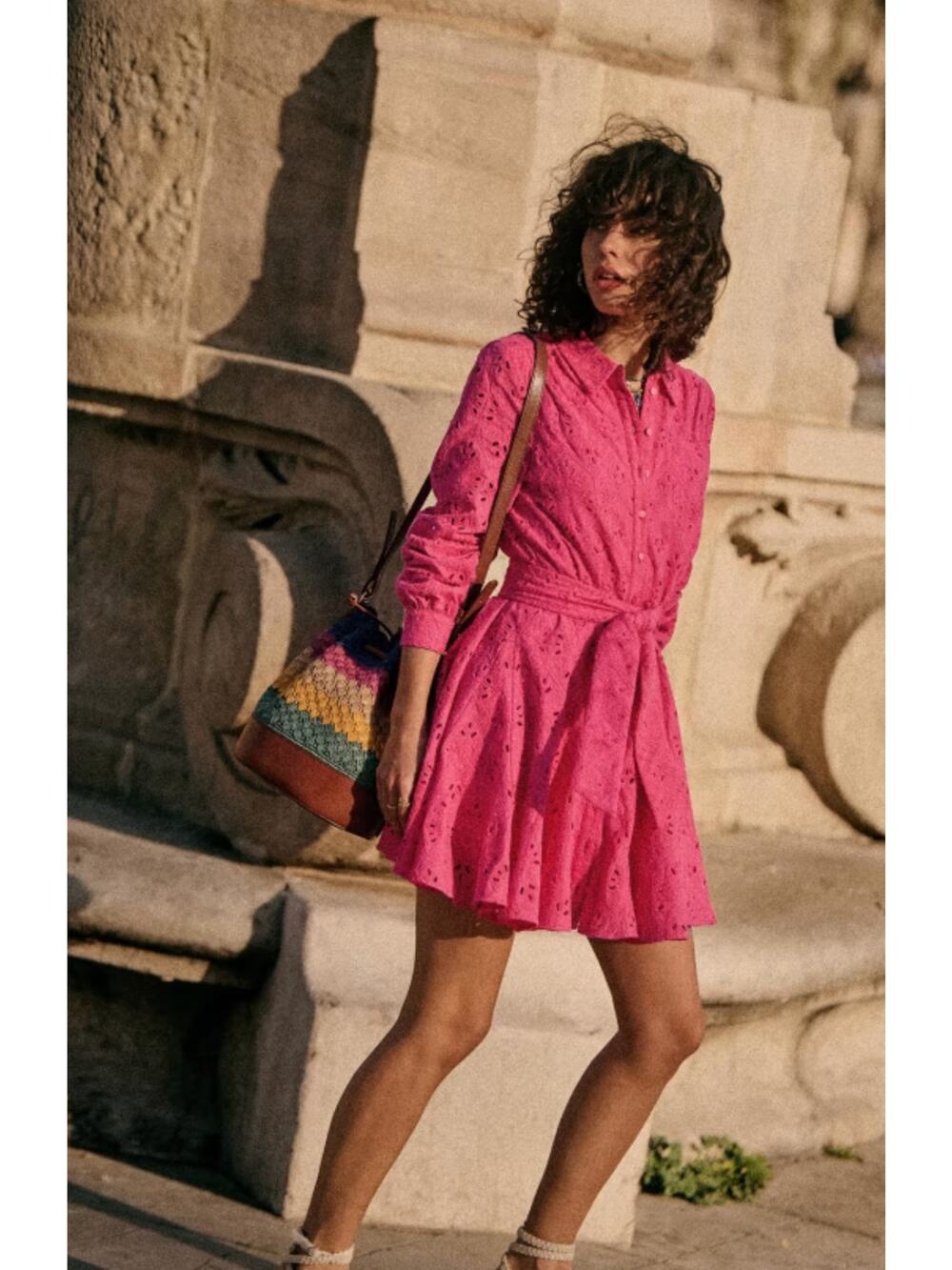 Sezane Pink Sol Swing Lace Crochet Button Down Mini Shirt Dress Size 34/US 2